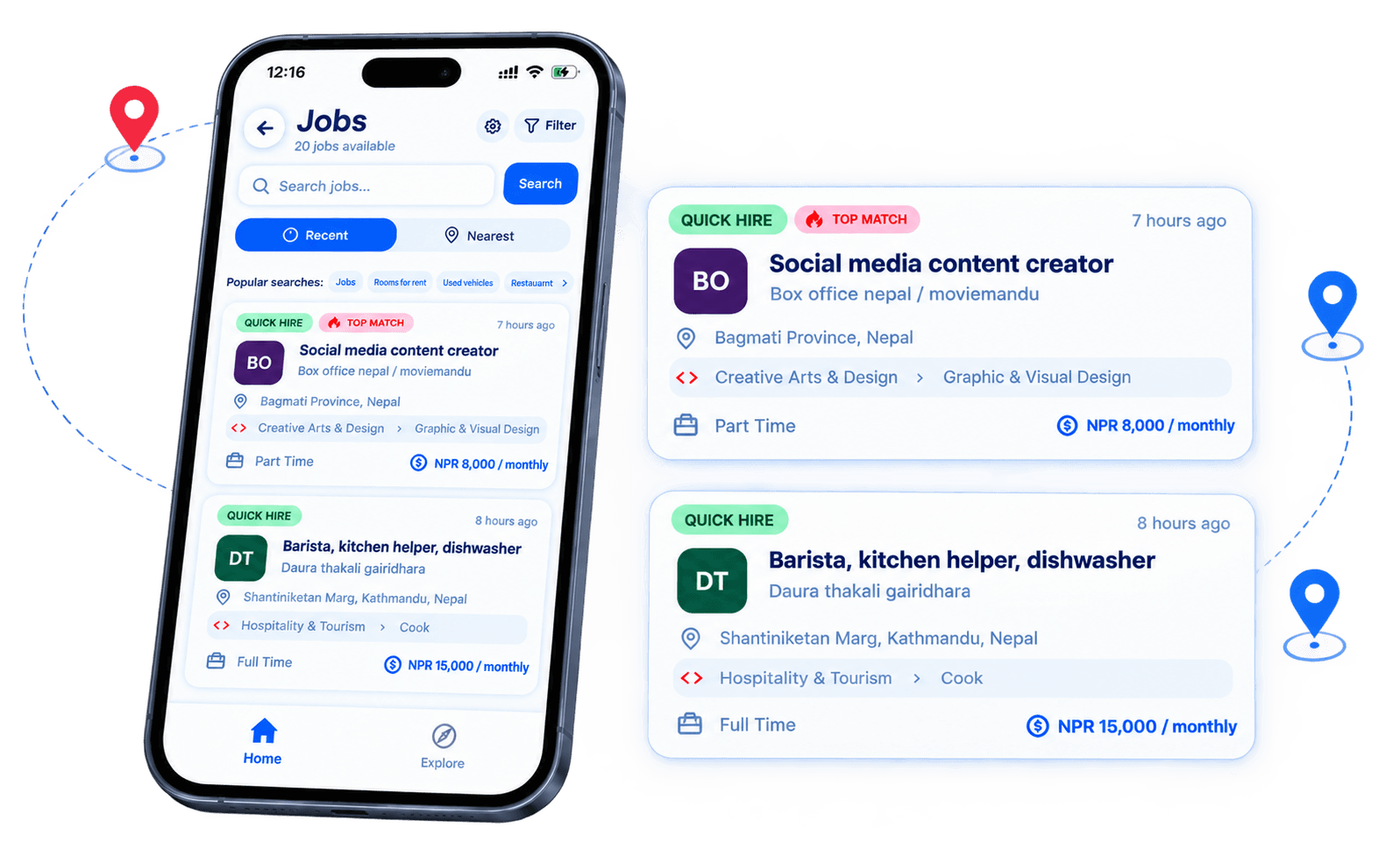 GenZ Link mobile app screens showing jobs, accommodation, vehicles and business listings