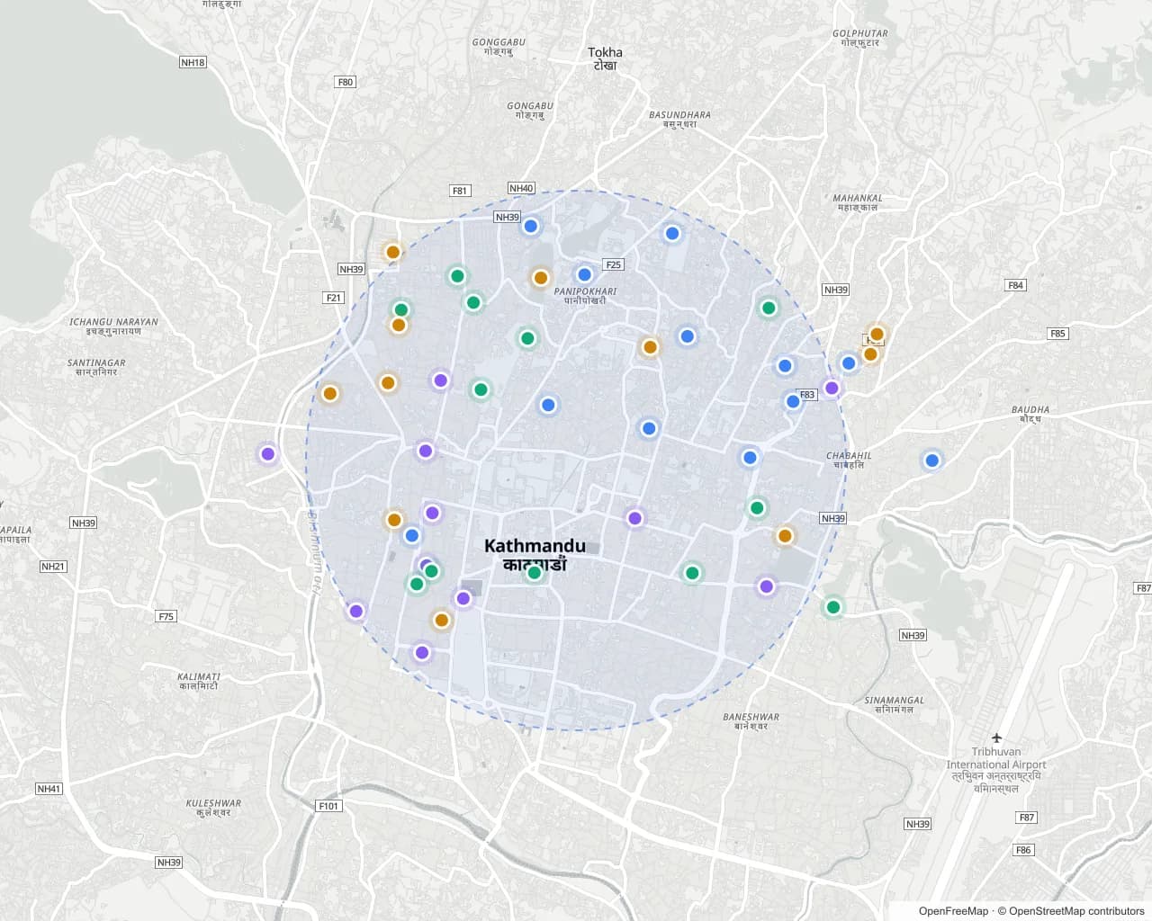 Map of Kathmandu with listings marked around the area