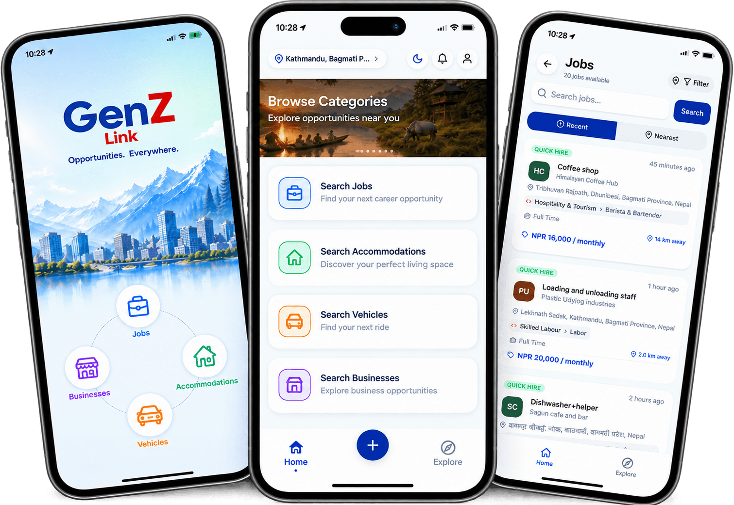The GenZ Link app: the opening screen, browse categories, and a list of jobs nearby